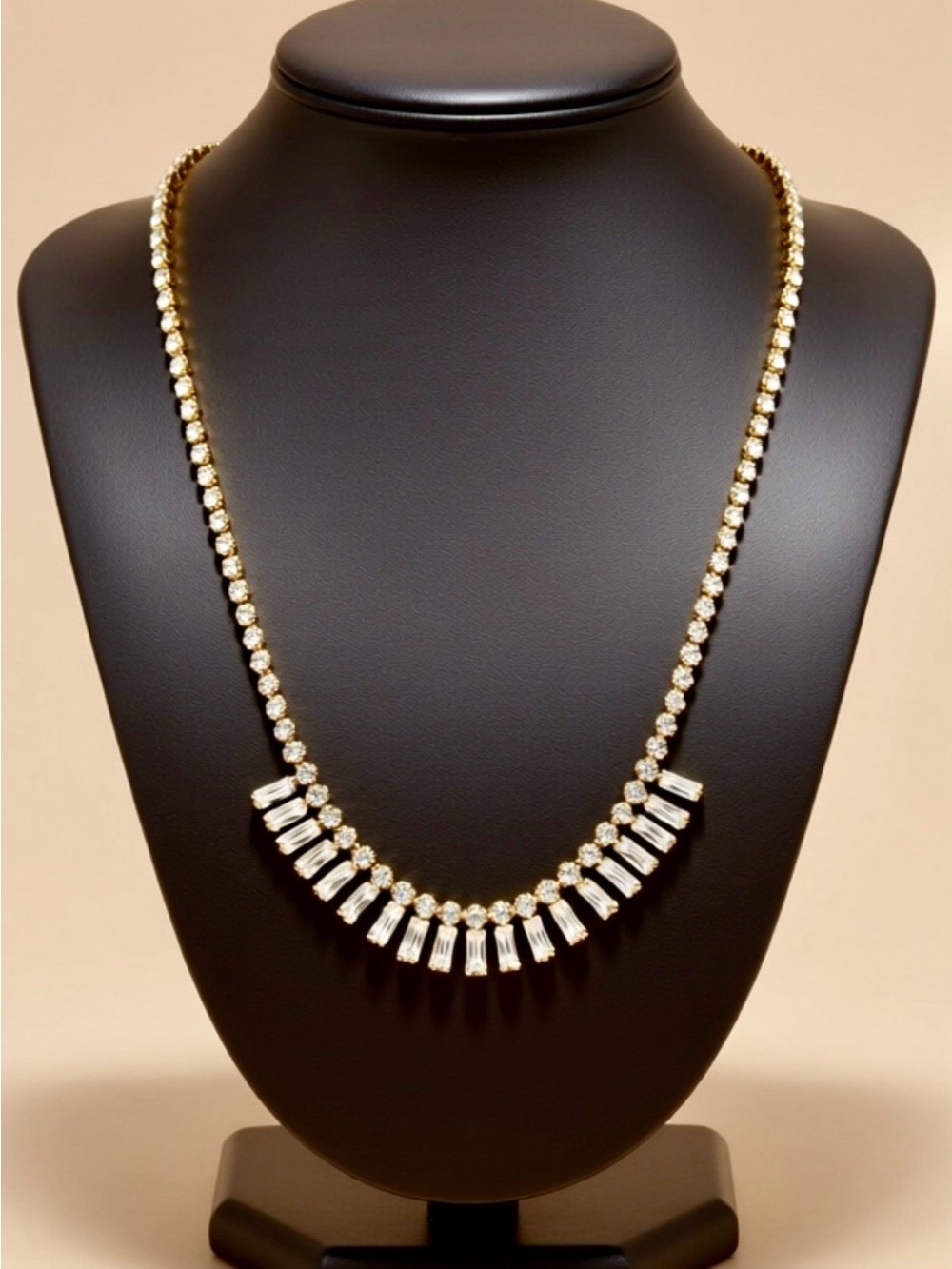 Gold Tone Rhinestone Necklace – Baguette Crystal Necklace – Glam Evening Jewelry